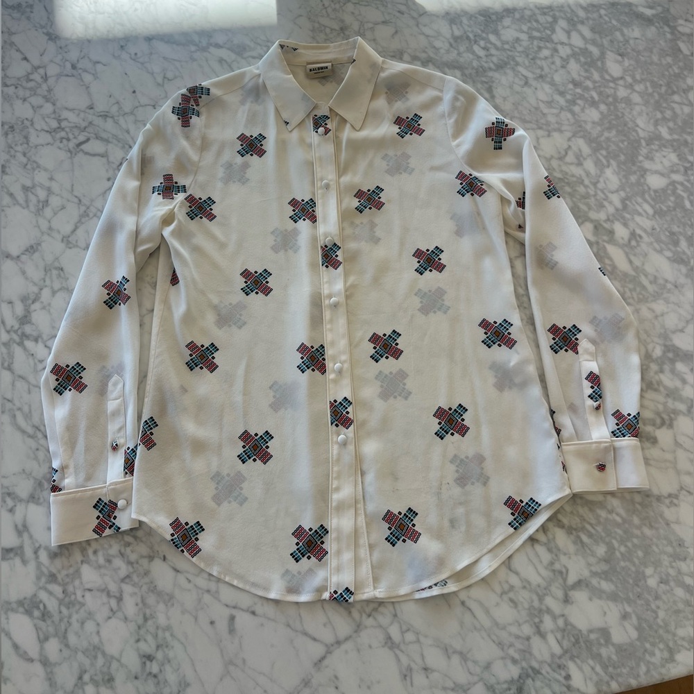 Baldwin KC White Geometric Pattern Silk Woman Shirt